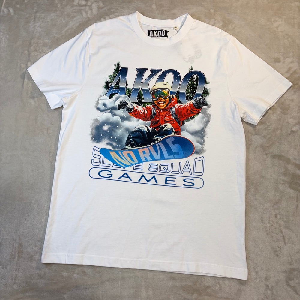 AKOO Mens Slope Squad Games Snowboard Graphic T-Shirt White Medium NWT